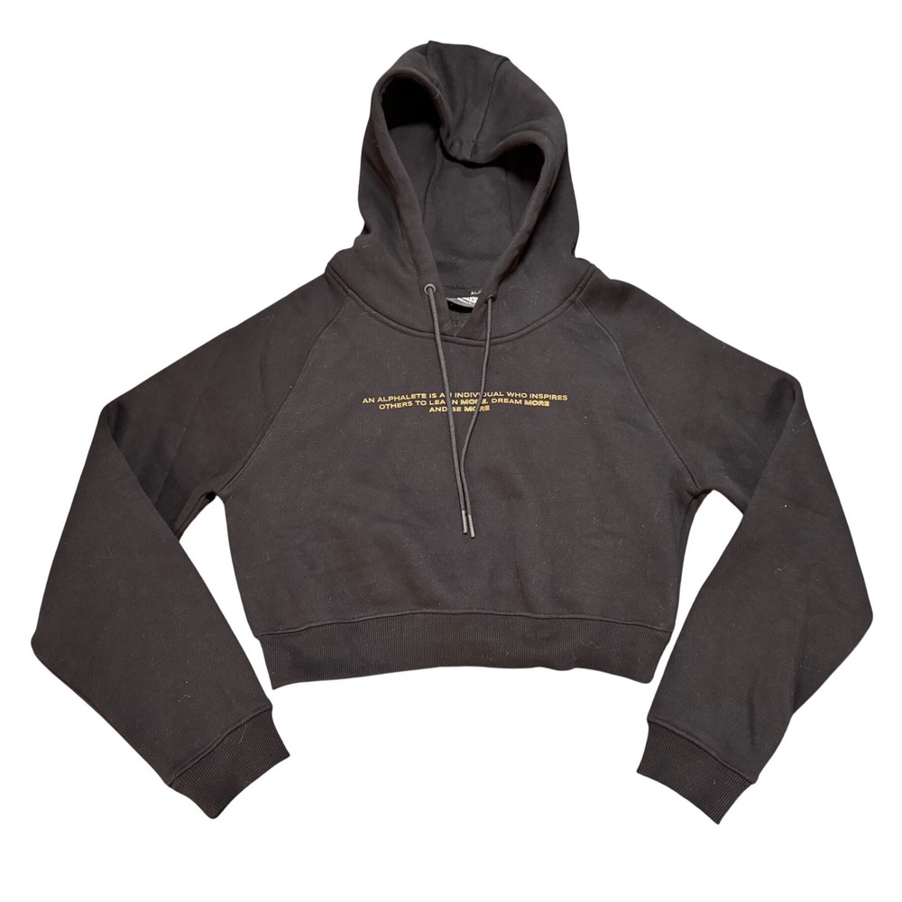 Alphalete Womens Black Cropped Hoodie Gold Graphic Sweatshirt Small‎